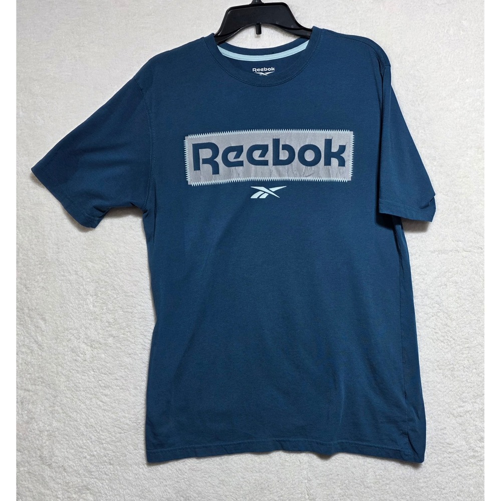 Reebok Men's Graphic T-Shirt Teal Blue Short Sleeve Logo Crew Neck Size Medium